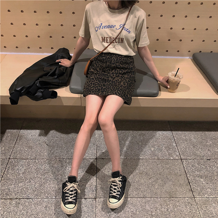 春夏季豹纹牛仔半身裙大码女装高腰显瘦裙子c...