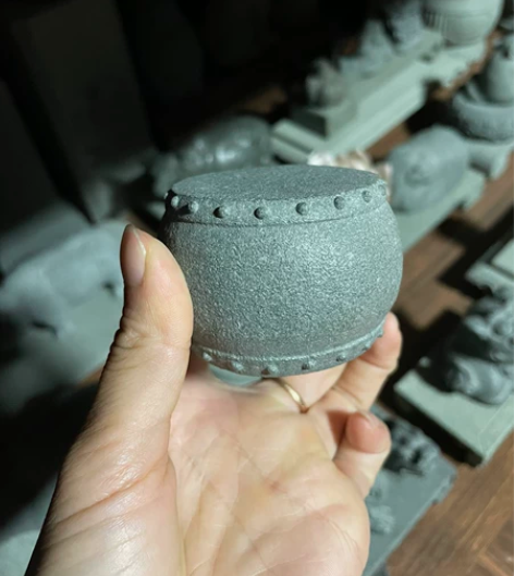 绿豆青鼓钉石鼓盖置杯托石台镇纸石文房文玩器...