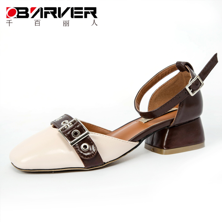 春季单鞋女复古方头中跟2017新款韩版百搭...