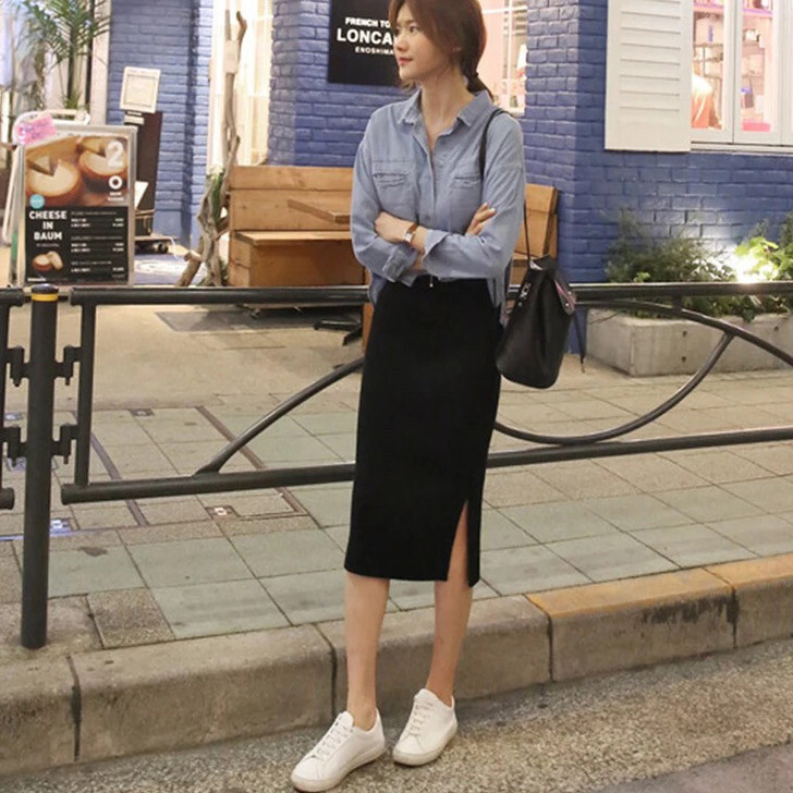 春夏季侧开叉休闲半身裙修身显瘦一步裙中长款...