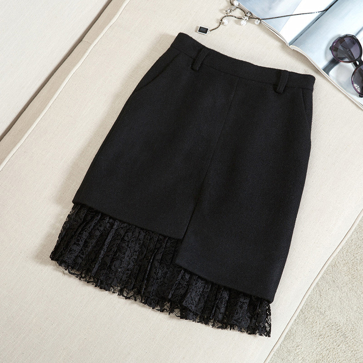 毛呢半身裙中长款 秋冬高腰蕾丝拼接开叉一步...