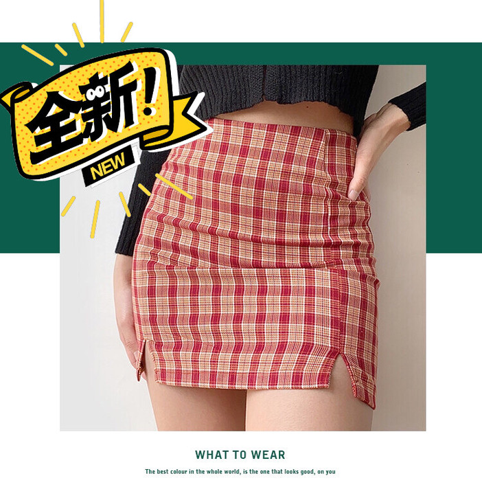 美式复古高腰红色格子开叉半身裙女包臀裙一步...