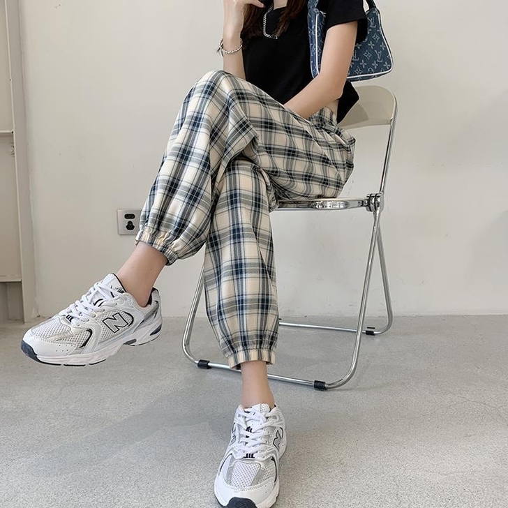 蓝色格子裤女夏季薄款2021新款防蚊灯笼凉...