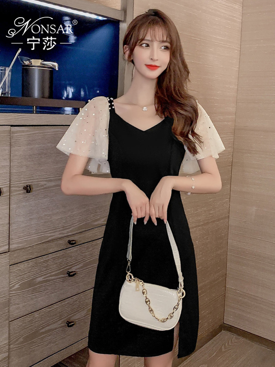 宁莎时尚新款优雅修身V领拼接A字裙2020...