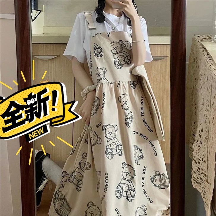 学院风小熊背带连衣裙女学生中长款韩版宽松吊...