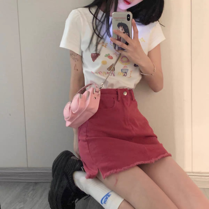 jmshop浆果色a字短裙女夏可爱高腰显瘦...