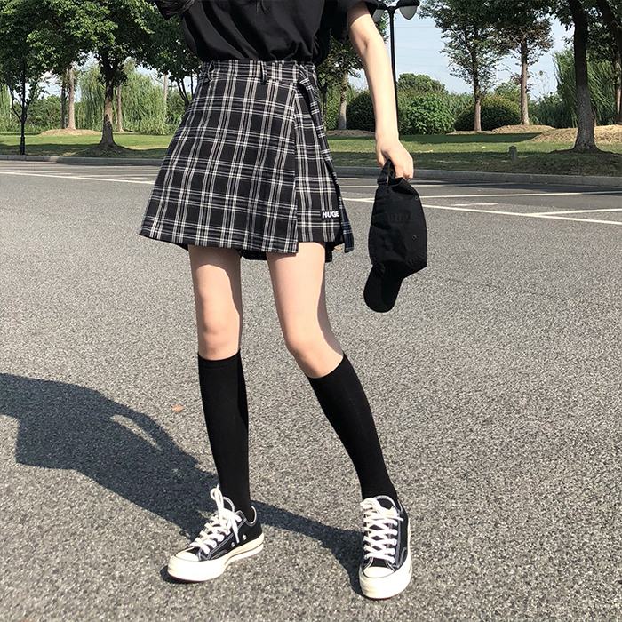 RENA高校少女复古格纹腰带设计不规则高腰...