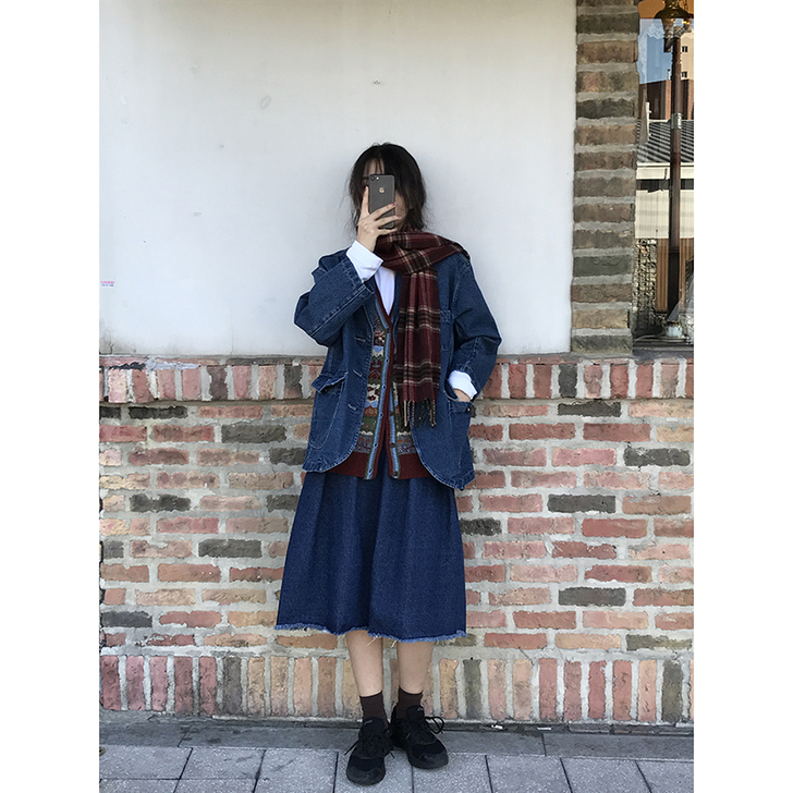 好玩和有趣丨复古学院风牛仔半身裙女 中长款...