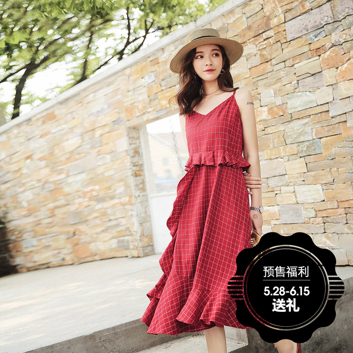【狂欢价】木耳边格子吊带连衣裙女夏