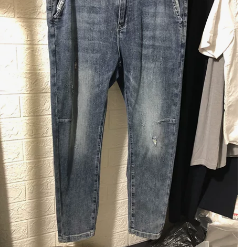 全新男士海盐洗做旧破洞9分软蓝色修身弹力小...