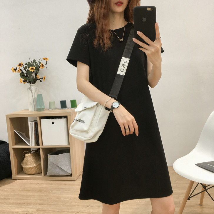 小个子宽松圆领短袖连衣裙女韩版百搭显瘦纯色...