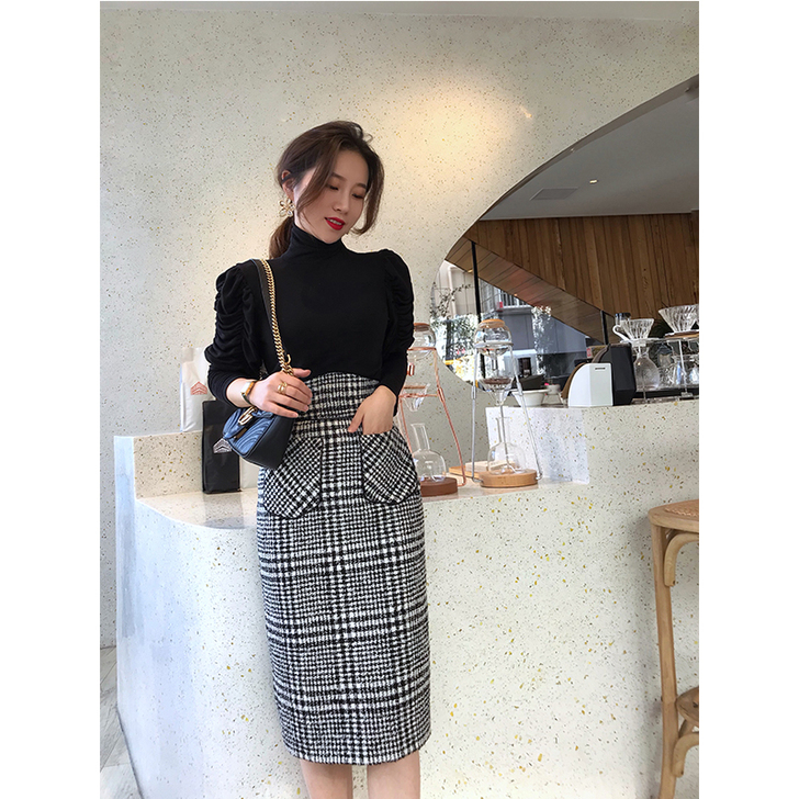 独家高定毛呢高腰黑白格半身裙秋冬女冬天配毛...