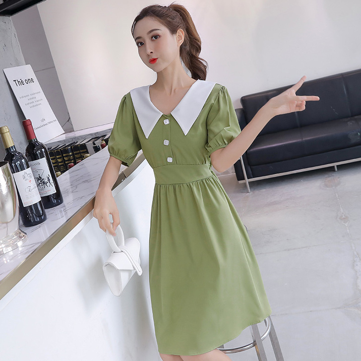 宁莎2019夏新款翻领单排扣气质短袖中长款...