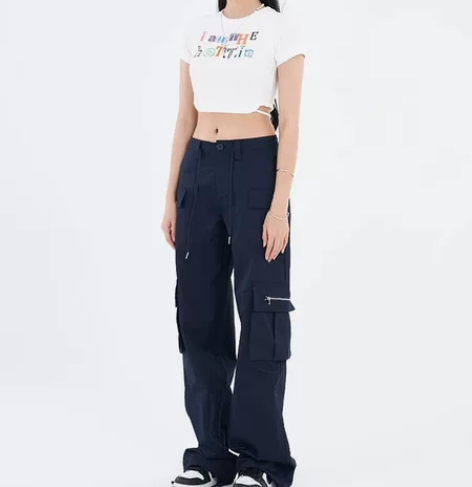 宽松运动工装裤女夏季辣妹抽绳直筒阔腿裤显瘦...