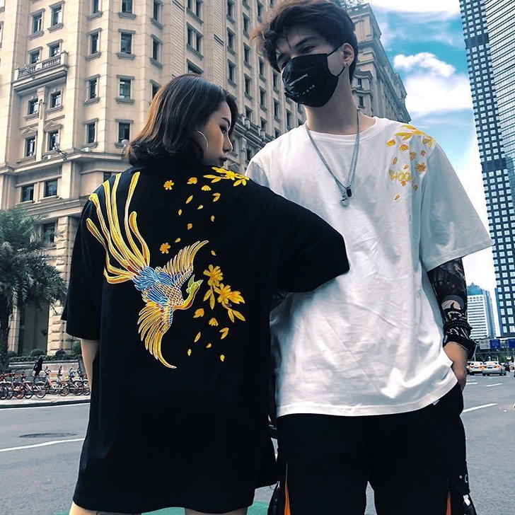 小众设计感ins国潮凤凰刺绣短袖t恤男女纯...