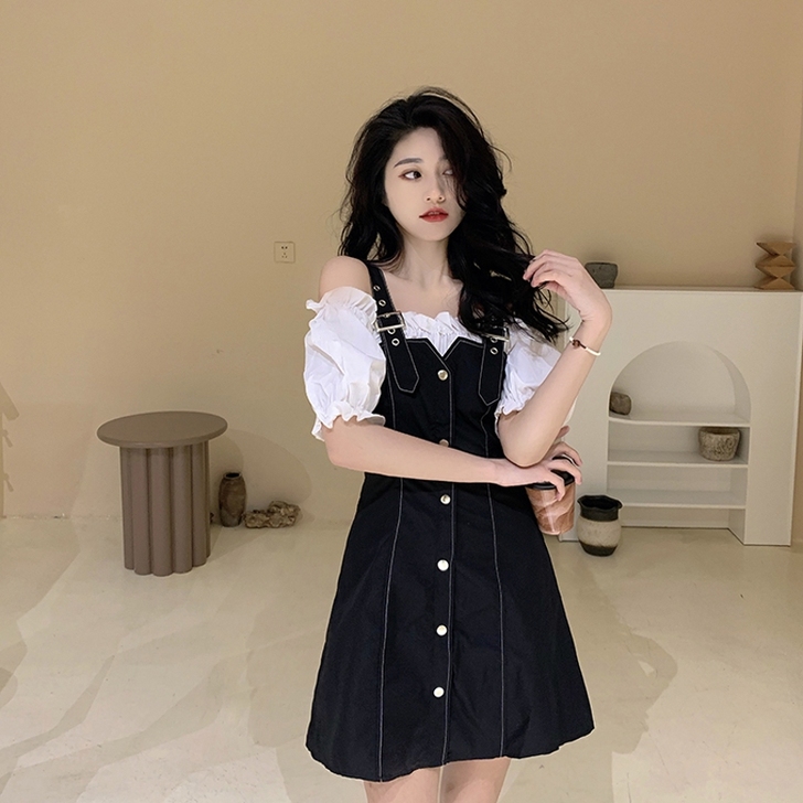 夏季泡泡袖假两件法式短袖连衣裙女收腰显瘦气...