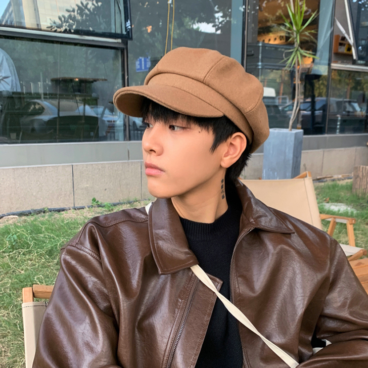 帽子男冬季日系百搭毛呢纯色八角帽英伦贝雷帽...