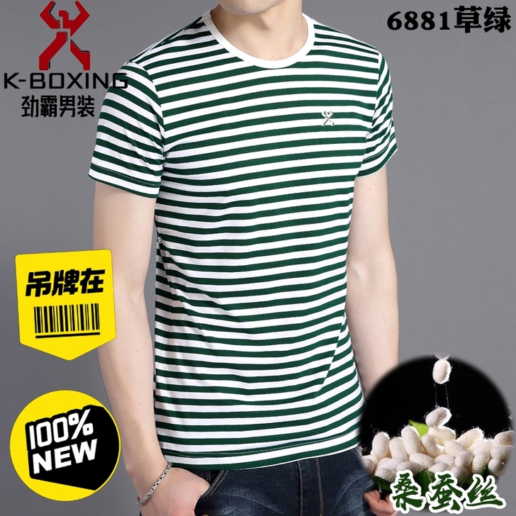 劲霸桑蚕丝圆领套头男士短袖体恤条纹宽松休闲...