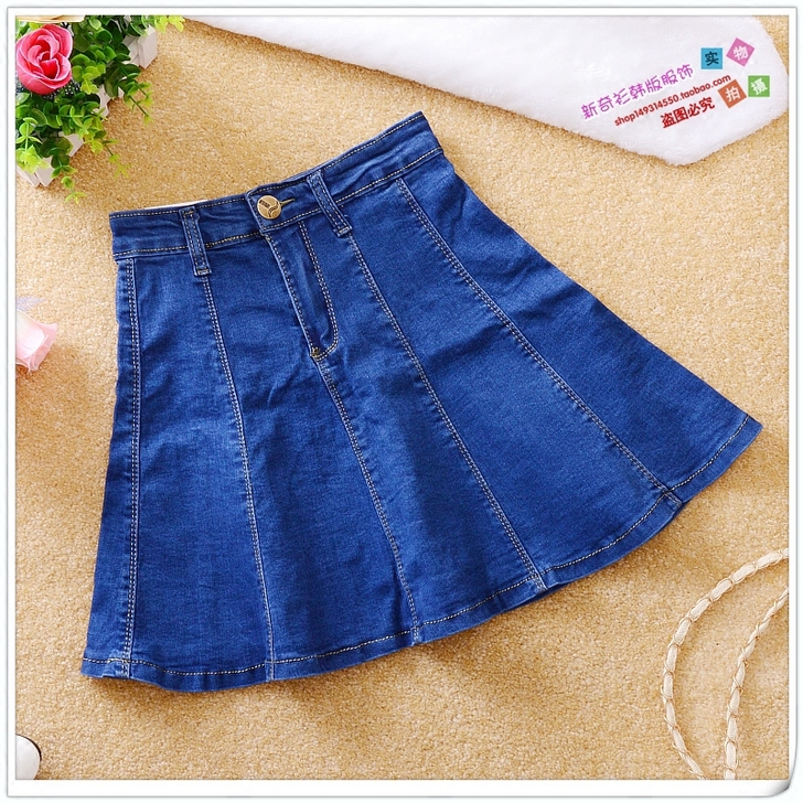 春夏高腰半身裙牛仔短裙学生裙A字裙百褶蓬蓬...