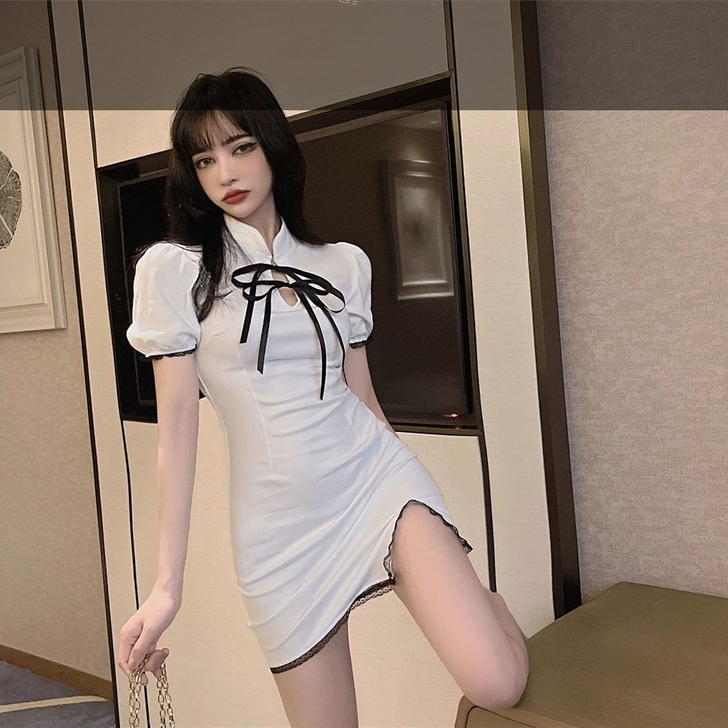 法式小众显瘦镂空旗袍性感蝴蝶结改良初恋连衣...