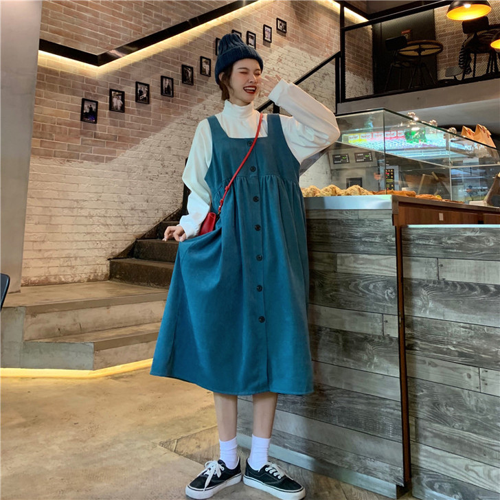 2019秋冬新款韩版法式灯芯绒背带裙宽松中...