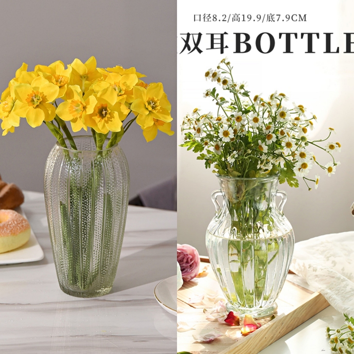 法式复古大口透明鲜花玻璃花瓶  家装饰品桌...