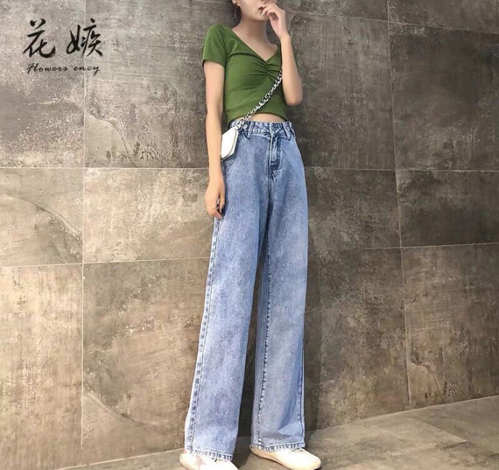 高腰阔腿牛仔裤女垂感泫雅春秋季宽松大码显瘦...