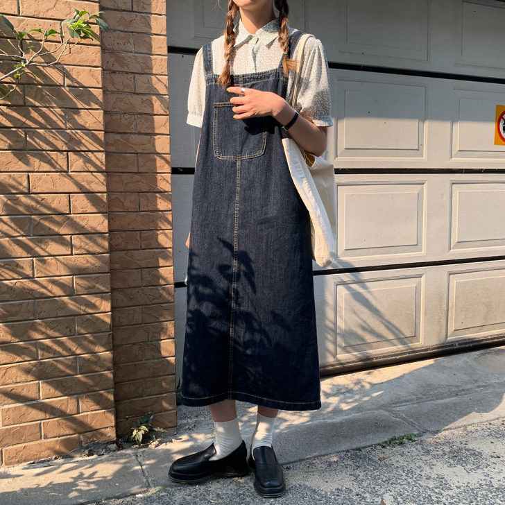 陆小团团日系显瘦牛仔背带裙
