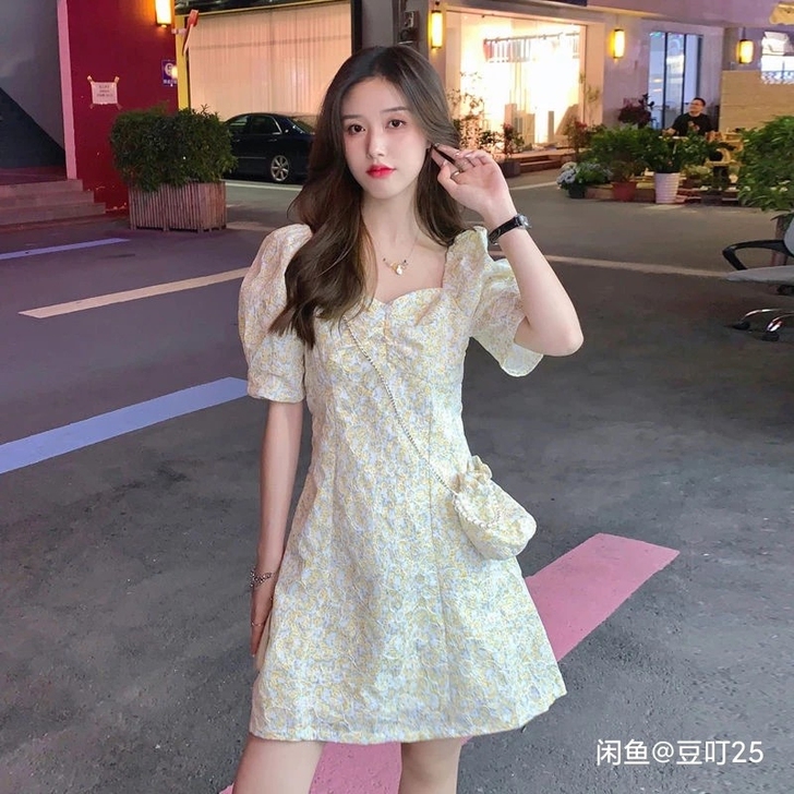 法式碎花泡泡袖连衣裙蝴蝶结超仙短袖收腰裙子...