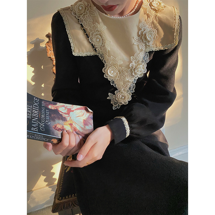 赫本风桔梗裙复古法式重工立体花朵拼接连衣裙...