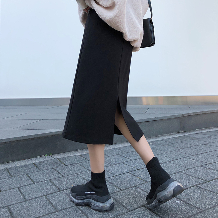 A7seven 黑色开叉包臀半身裙女秋休闲...