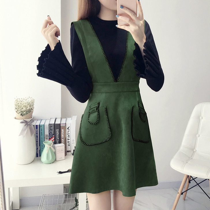 2016冬季新款韩版显瘦裙子女背带裙两件套...