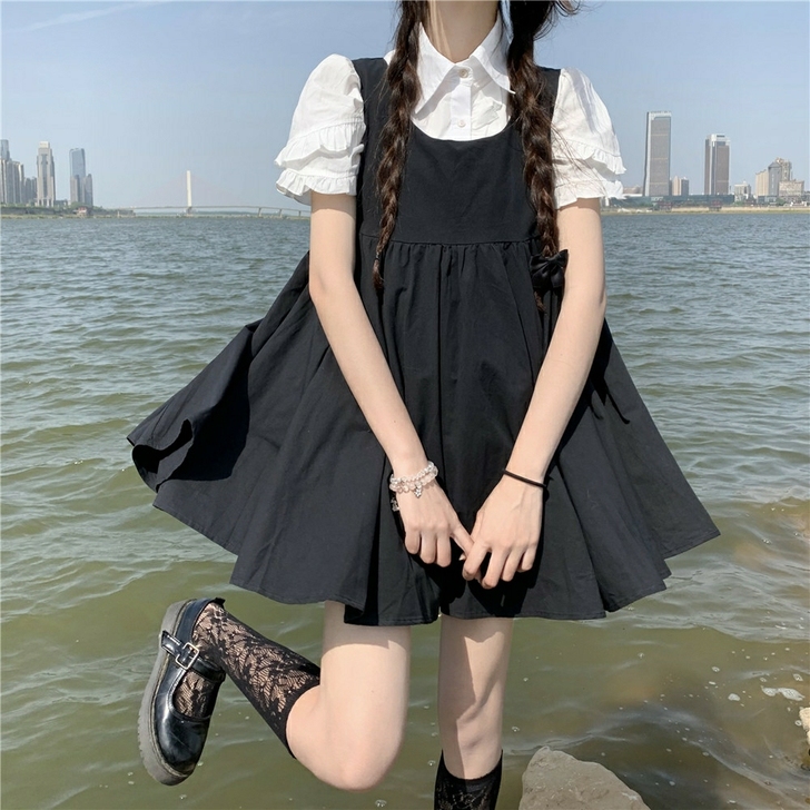 日系可爱背带裙甜美连衣裙女夏季衬衫复古小众...