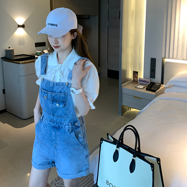 粉色背带裤女短裤夏季百搭盐系牛仔裤高腰显瘦...