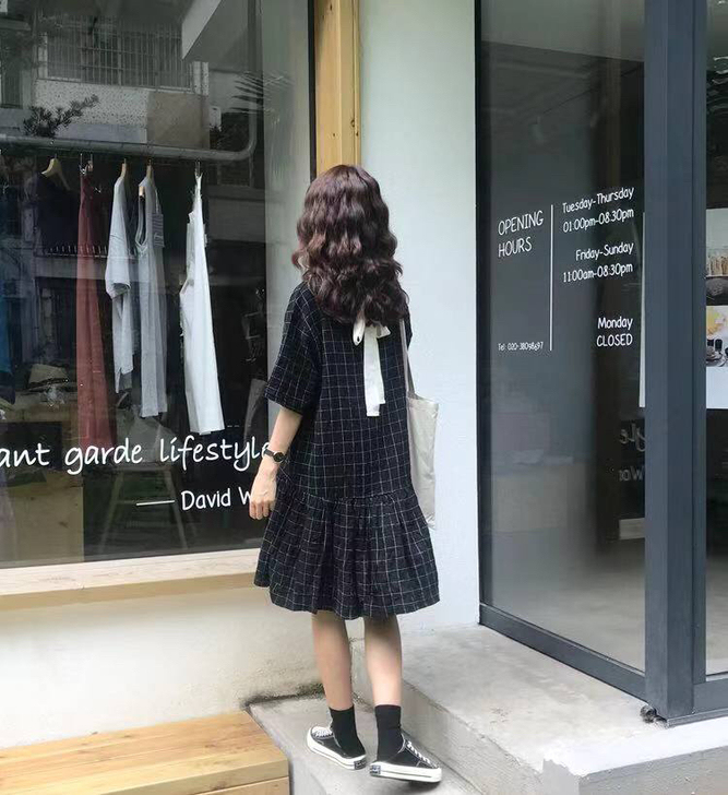 夏装女装韩版中长款宽松显瘦小清新系带蝴蝶结...