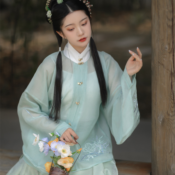 半妖半摇风故兰庭明制果绿立领对襟琵琶袖短衫...