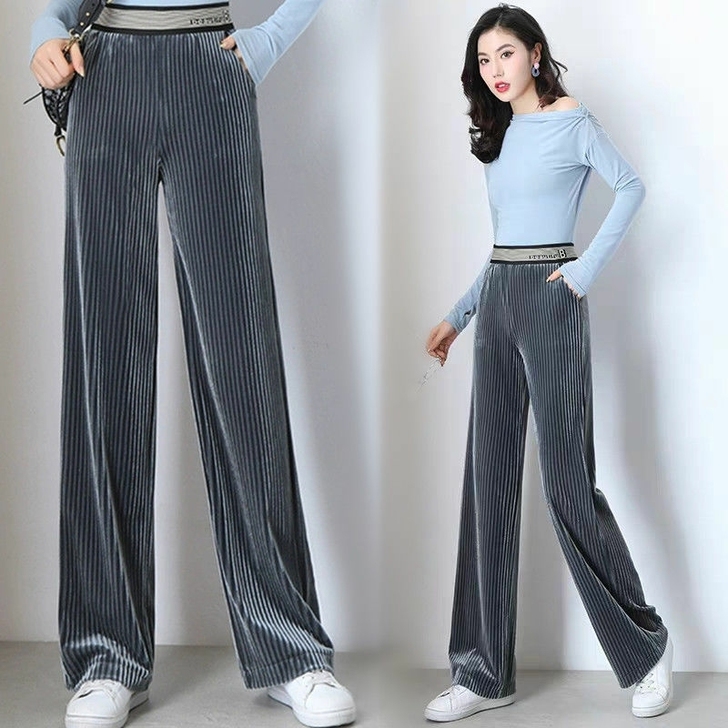 春季新品宽松高腰阔腿裤女秋冬新款金丝绒直筒...