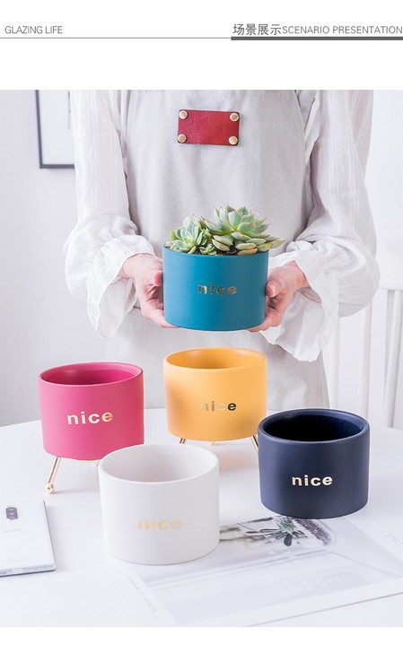 ins北欧铁艺多肉花盆陶瓷网红创意简约铁架...