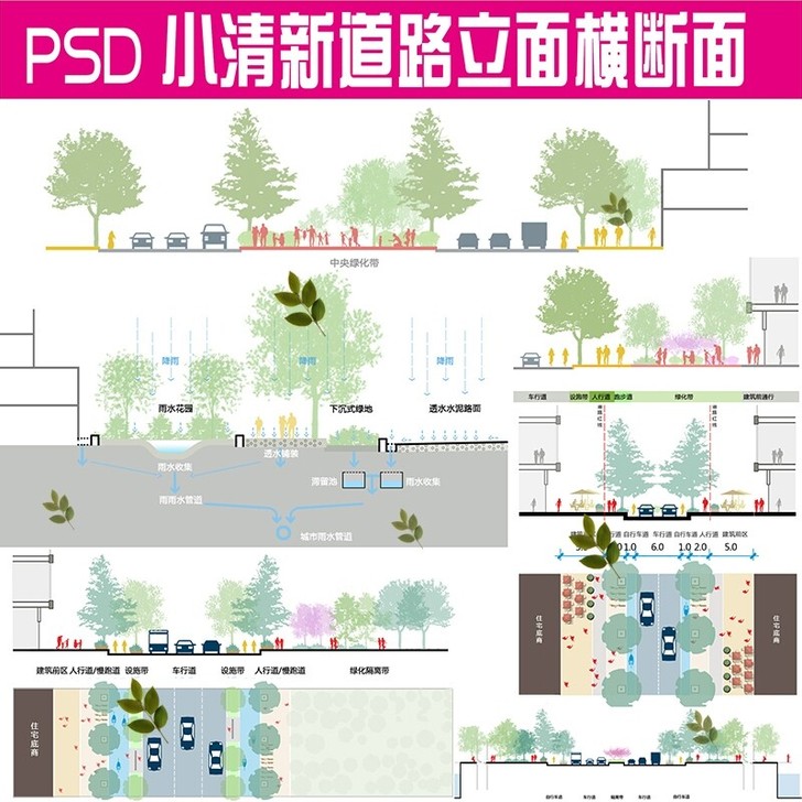 CP20小清新PS立剖面图道路街道横断面P...