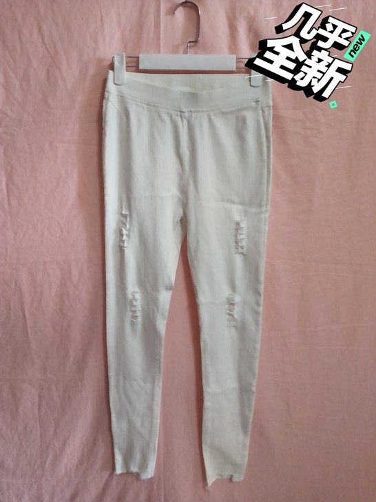 春季新品显瘦百搭纯色松紧腰破洞弹性修身打底...