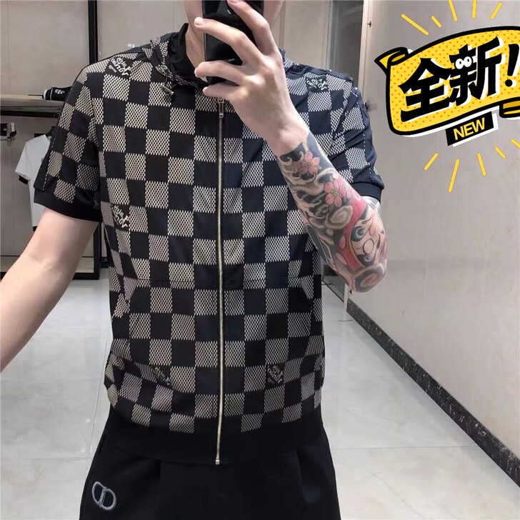 连帽短袖T恤男士青年格子复古印花欧美商务休...