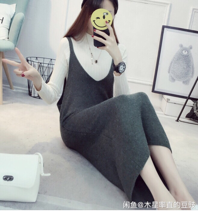 秋冬中长款毛衣裙女打底背心裙吊带背带裙冬季...
