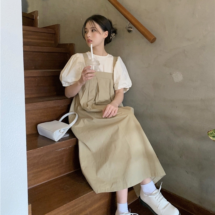 卡其色背带裙女韩版宽松夏季2021新款可爱...