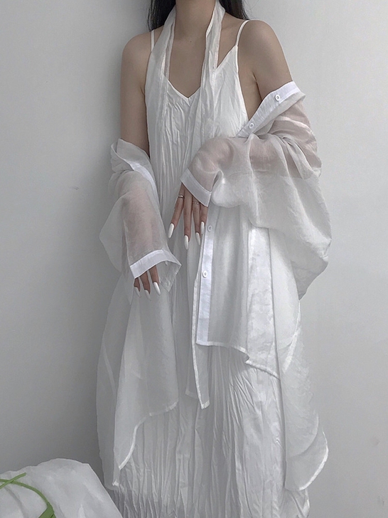 山本耀司暗黑系褶皱吊带连衣裙夏百搭V领显瘦...