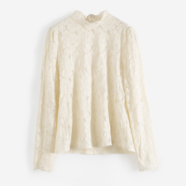 奥芝国 优雅蕾丝衫米色花朵刺绣网纱百搭打底...