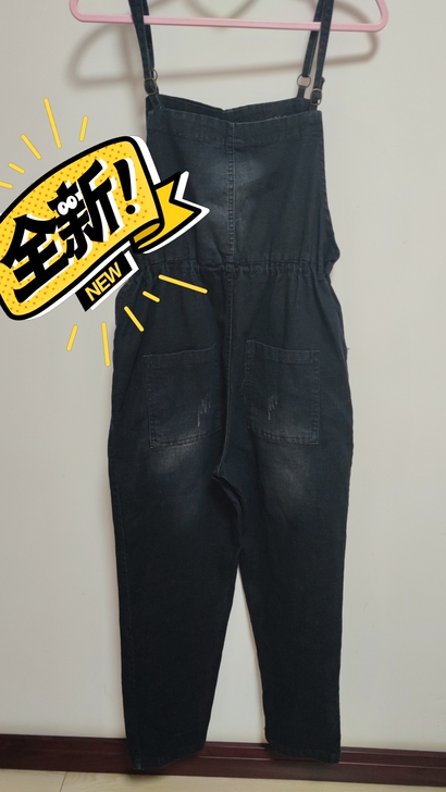 全新黑色少女吊带牛仔裤 女装长裤
