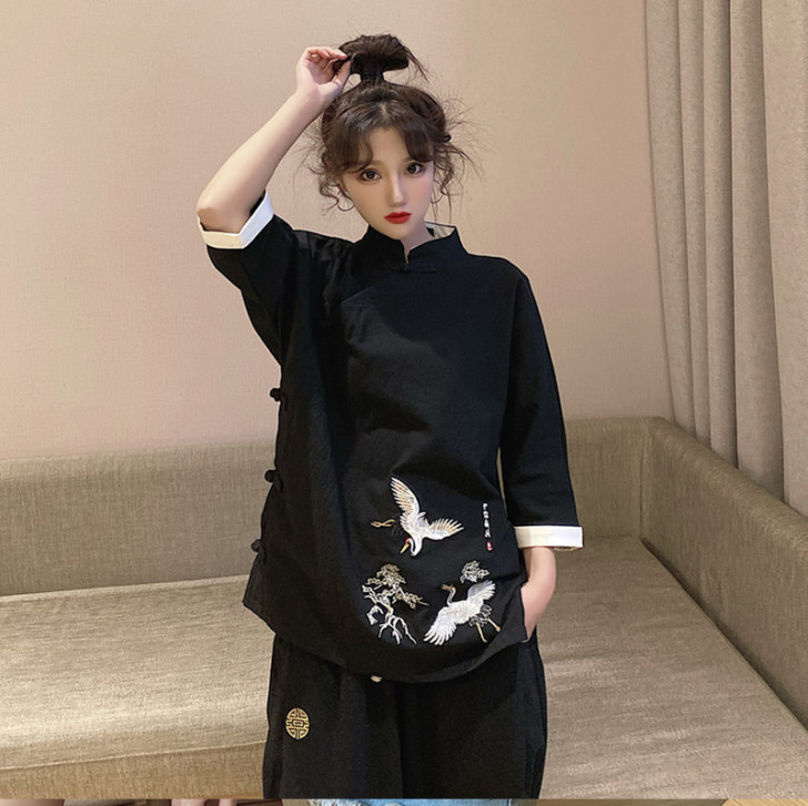 汉服女改良旗袍上衣唐装中国风复古中式套装夏...