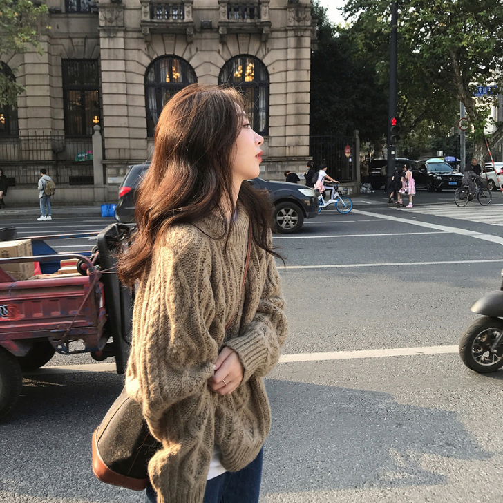 棕色麻花爆款毛衣女春装2021年新款打底内...