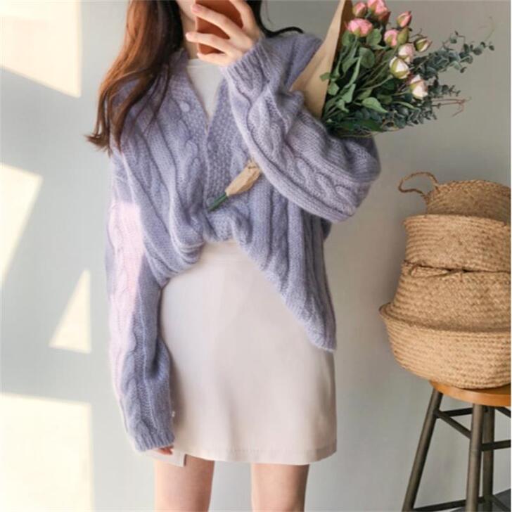 【年货价】紫色麻花毛衣女宽松慵懒风开衫外套...