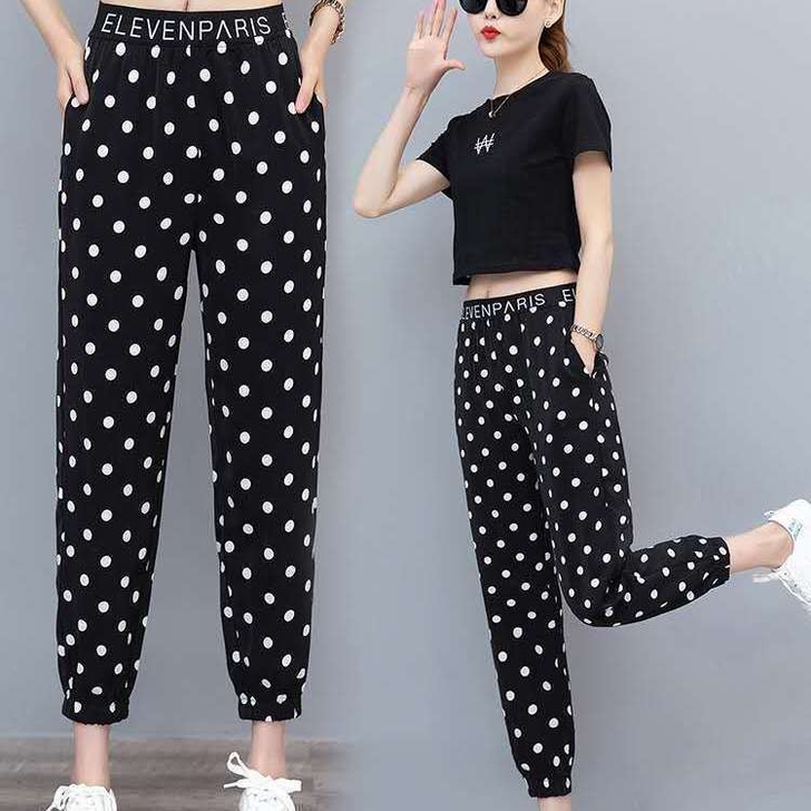 冰丝波点哈伦裤女高腰宽松新款束脚九分裤运动...